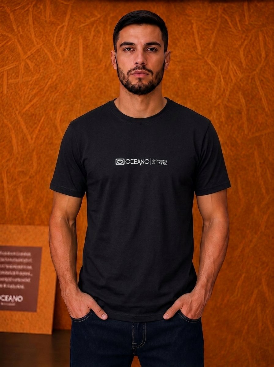 Camiseta Oceano Malha Estampada - Preto
