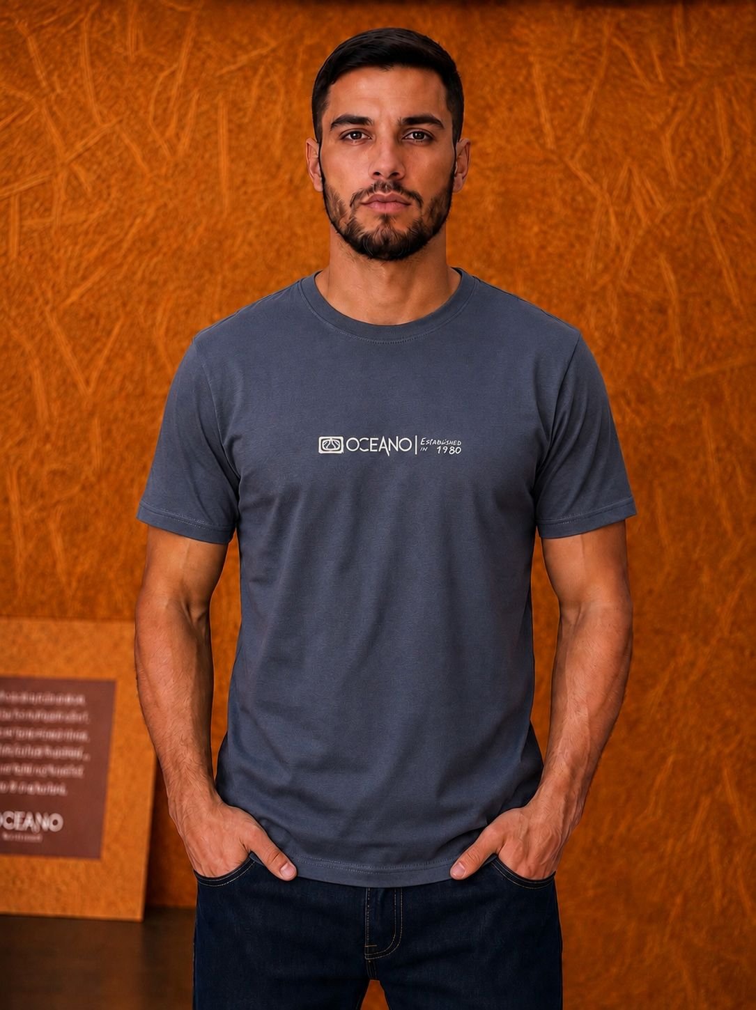 Camiseta Oceano Malha Estampada - Azul Marinho